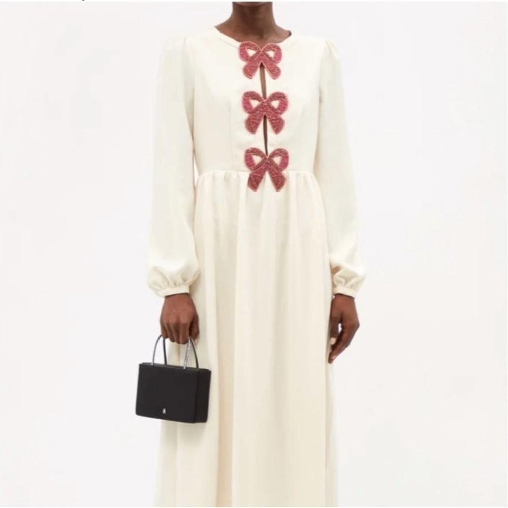 Saloni Camille crystal-bow crepe midi dress size 6